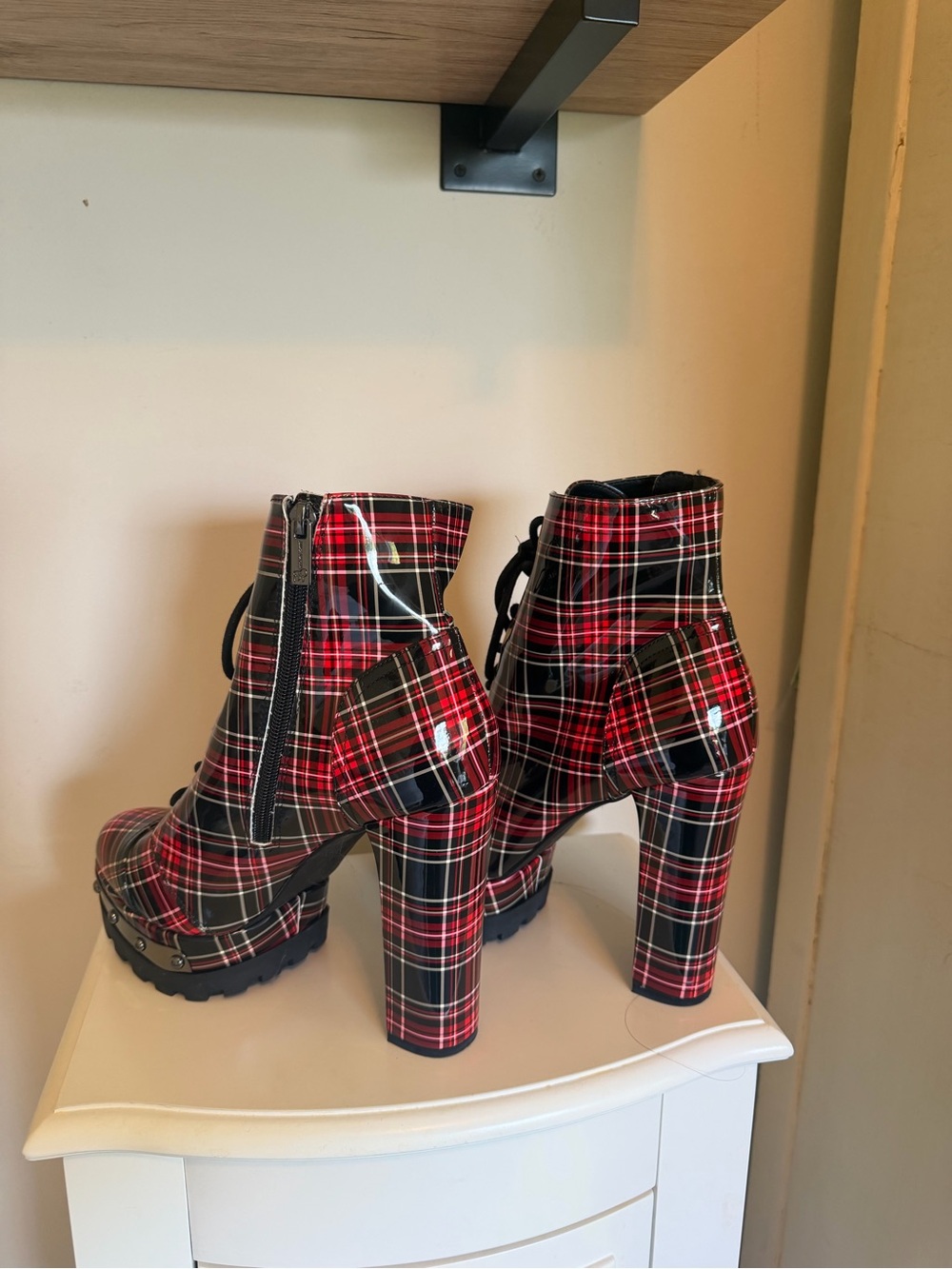 Jessica Simpson Red and Black Plaid Lace-Up Platform Boots - Picture 2 of 4